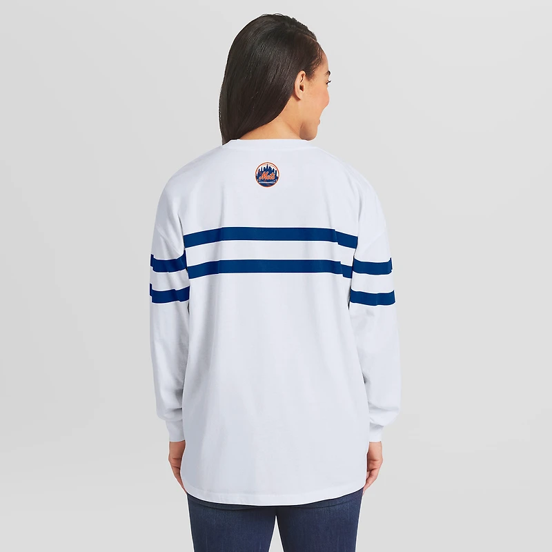 Women's WEAR by Erin Andrews  White New York Mets Oversized Long Sleeve Striped T-Shirt