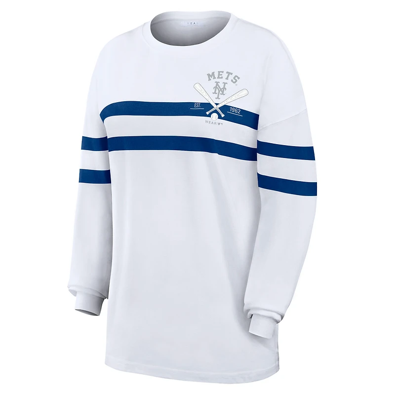 Women's WEAR by Erin Andrews  White New York Mets Oversized Long Sleeve Striped T-Shirt