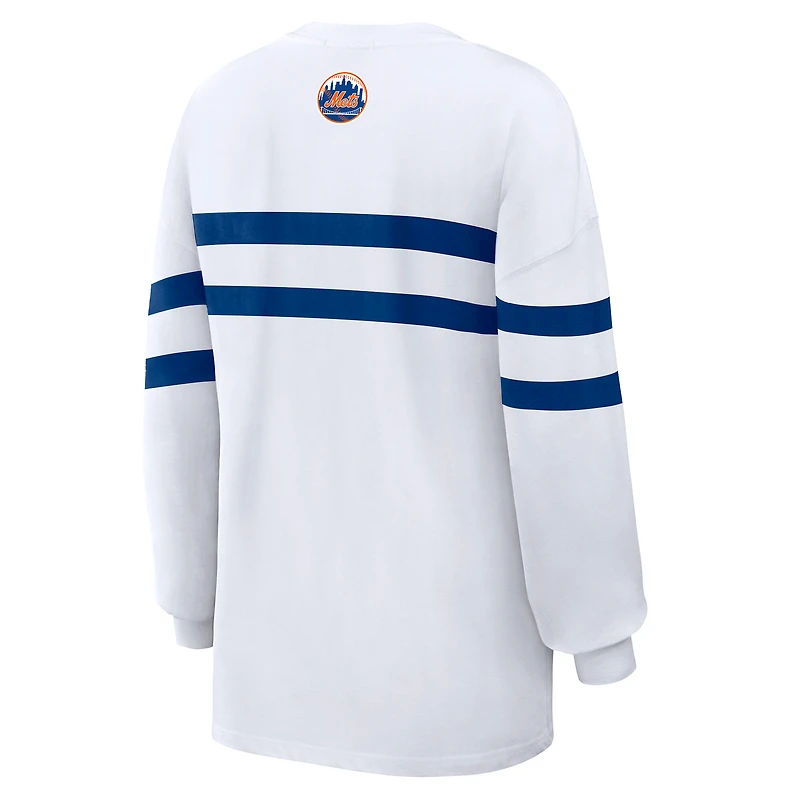 Women's WEAR by Erin Andrews  White New York Mets Oversized Long Sleeve Striped T-Shirt