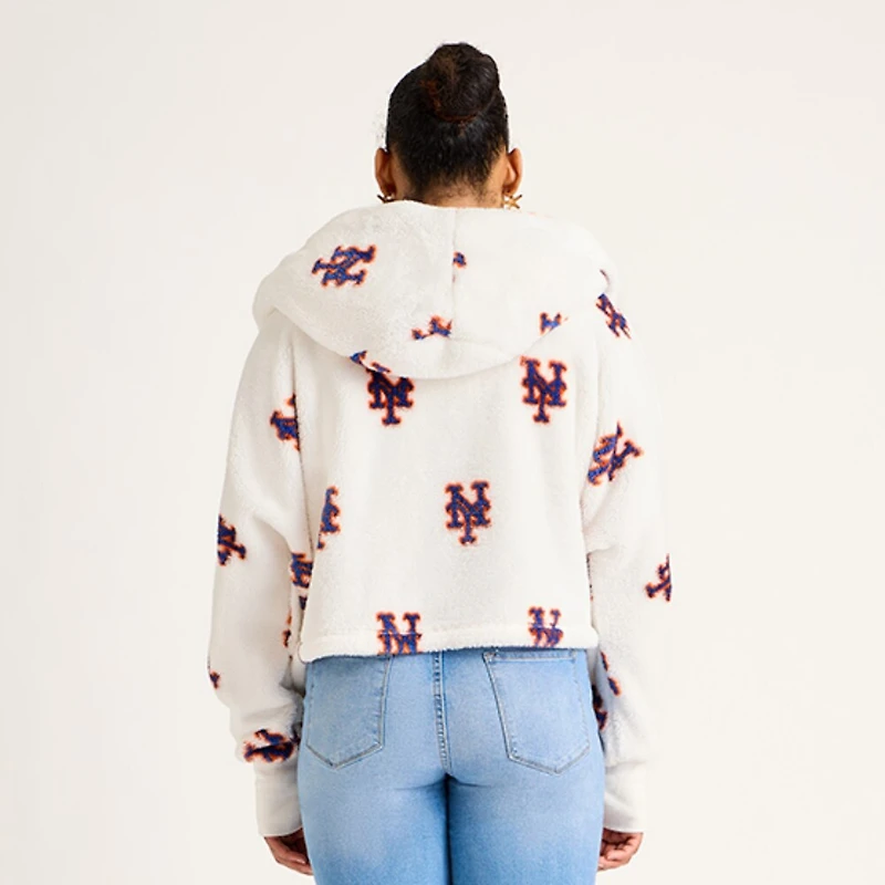 Women's White New York Mets All Over Print Logo Cropped Lounger Lite Sherpa Jacket