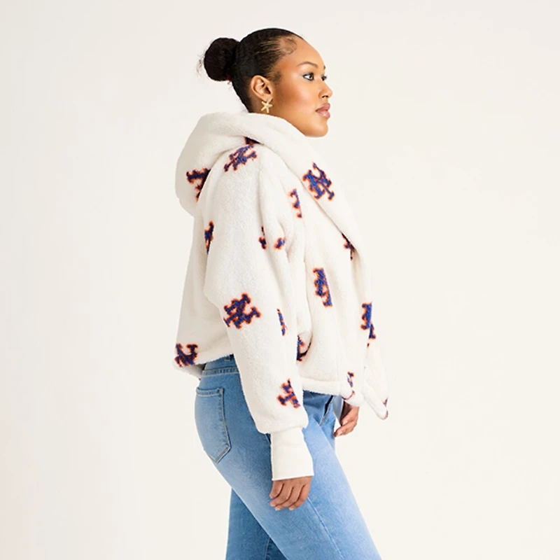 Women's White New York Mets All Over Print Logo Cropped Lounger Lite Sherpa Jacket