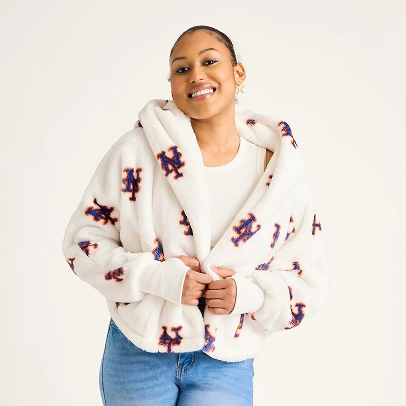 Veste Sherpa courte légère pour femme, imprimée du logo intégral des New York Mets blancs