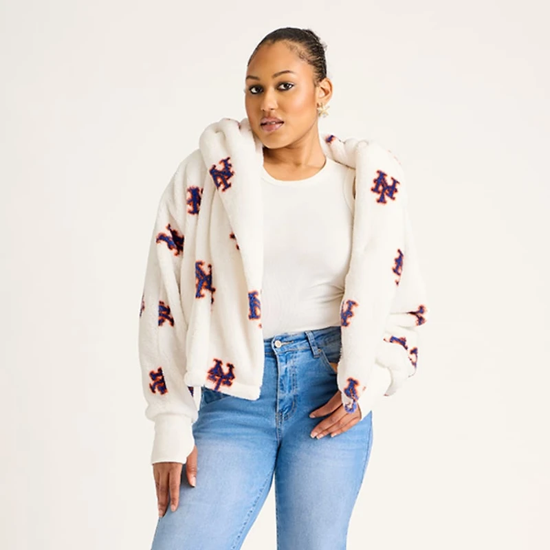 Women's White New York Mets All Over Print Logo Cropped Lounger Lite Sherpa Jacket