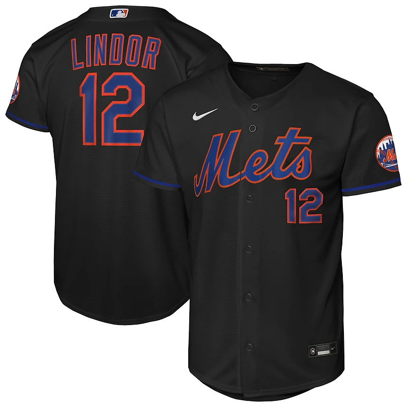 Maillot de joueur alternatif Nike Francisco Lindor noir pour enfant, New York Mets, version stade, les jeunes