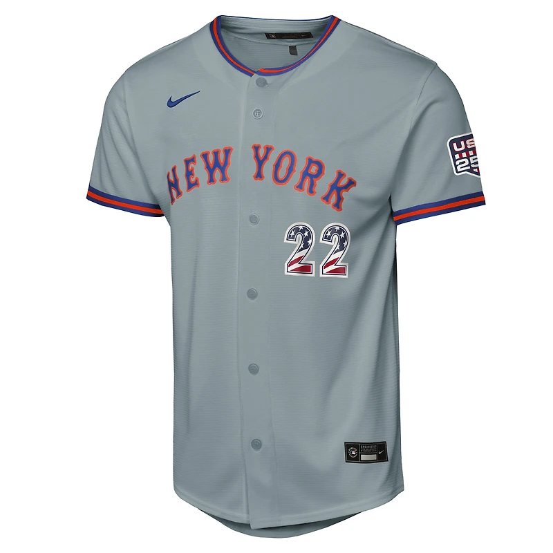 Maillot réplique Nike Juan Soto gris New York Mets USA 250 pour enfant, édition spéciale 4 juillet, match à l'extérieur