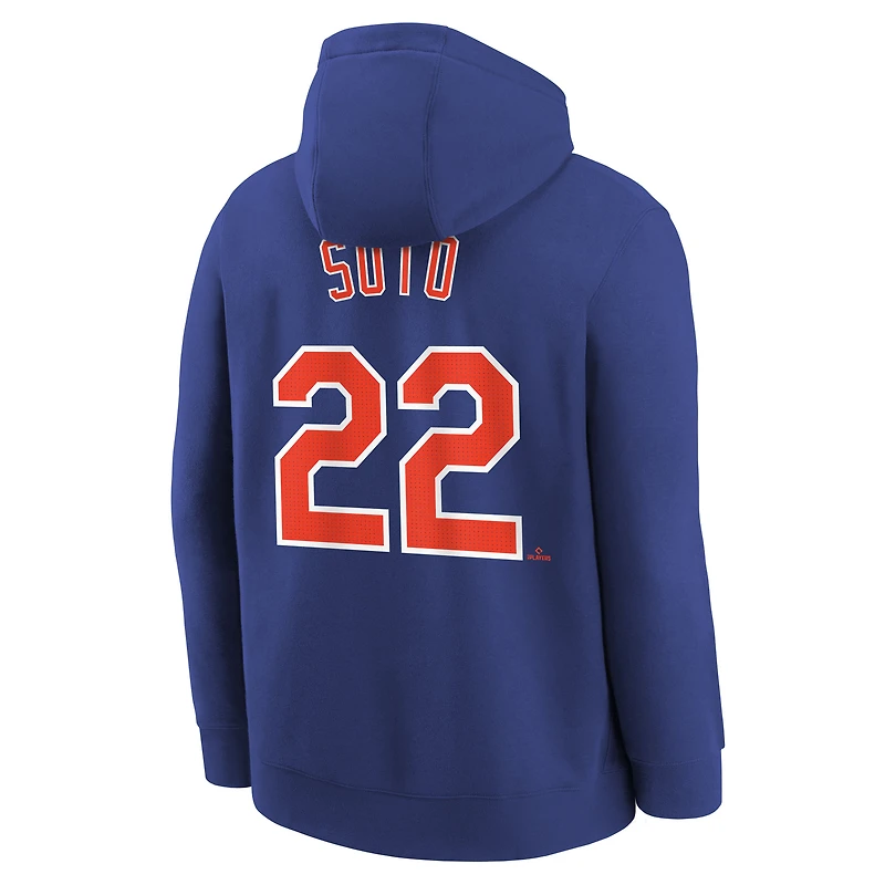 Sweat à capuche Nike Juan Soto Royal New York Mets Performance avec nom et numéro pour jeune
