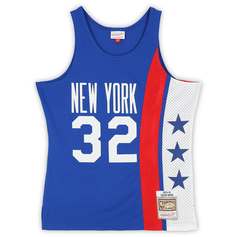 Maillot Swingman Mitchell & Ness bleu dédicacé par Julius « Dr. J » Erving des New York Nets, 1973-1974