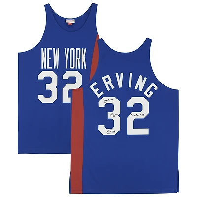 Maillot authentique dédicacé Mitchell & Ness 1973-74 bleu New York Nets de Julius Erving avec inscription « 3x ABA MVP »