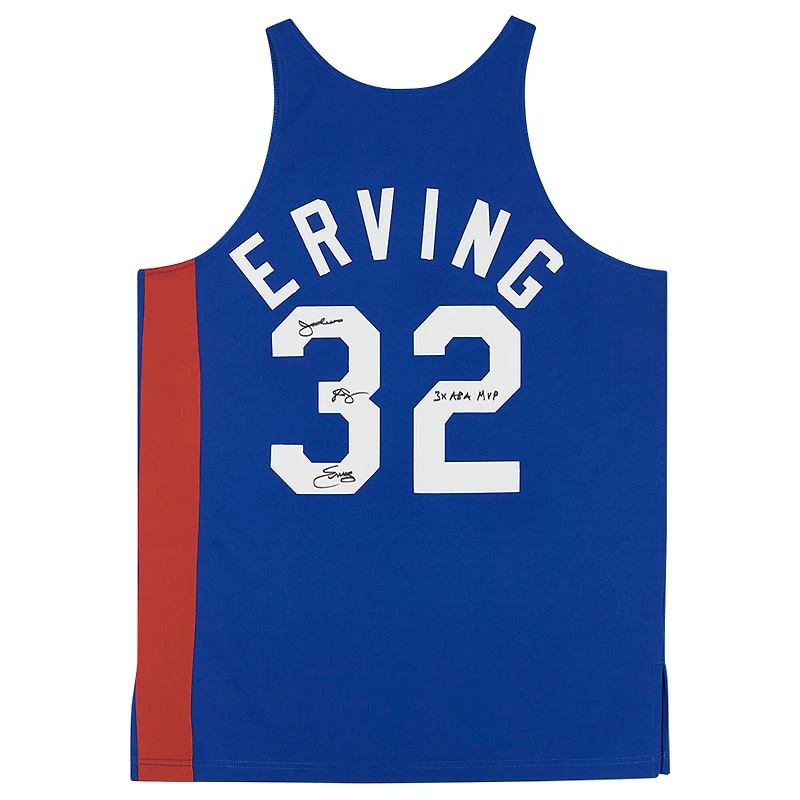 Maillot authentique dédicacé Mitchell & Ness 1973-74 bleu New York Nets de Julius Erving avec inscription « 3x ABA MVP »