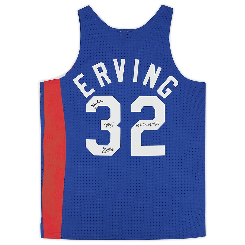 Maillot authentique dédicacé Mitchell & Ness 1973-74 bleu New York Nets de Julius Erving avec inscription « ABA Champ 74 76 »