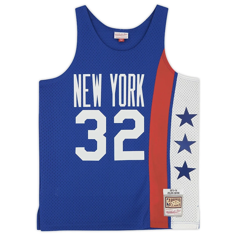 Maillot authentique dédicacé Mitchell & Ness 1973-74 bleu New York Nets de Julius Erving avec inscription « ABA Champ 74 76 »