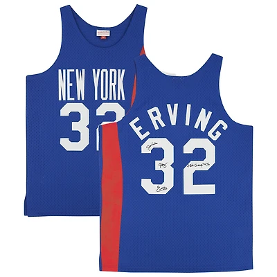 Maillot authentique dédicacé Mitchell & Ness 1973-74 bleu New York Nets de Julius Erving avec inscription « ABA Champ 74 76 »