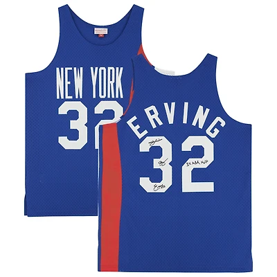Maillot Swingman Mitchell & Ness 1973-74 bleu dédicacé par Julius Erving des New York Nets avec inscription « 3x ABA MVP »
