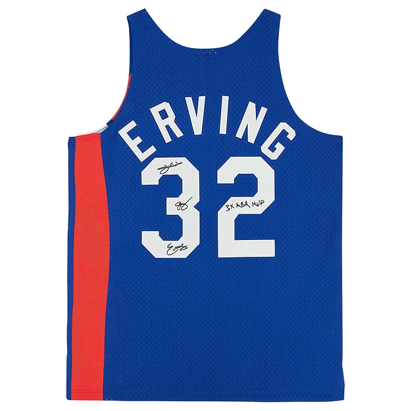 Maillot Swingman Mitchell & Ness 1973-74 bleu dédicacé par Julius Erving des New York Nets avec inscription « 3x ABA MVP »