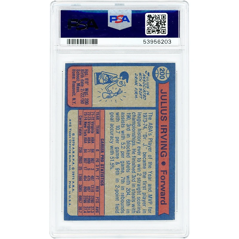 Julius Erving New York Nets 1974-75 Topps #200 PSA Authenticated 7 Card