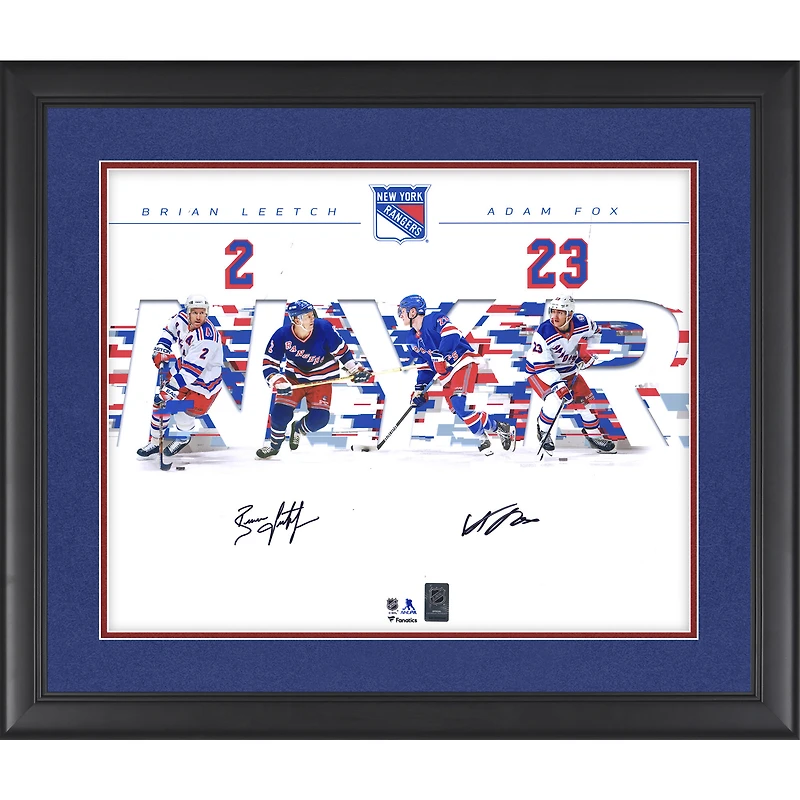 Photographie encadrée signée Adam Fox et Brian Leetch des Rangers de New York 16" x 20"