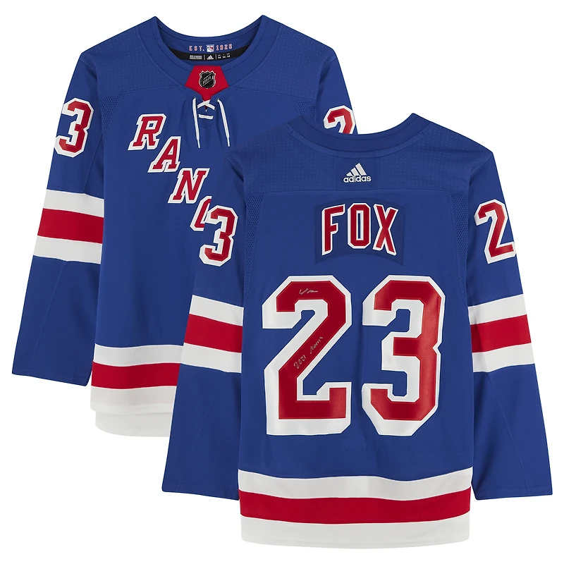 Maillot adidas authentique dédicacé par Adam Fox des New York Rangers bleu avec inscription « 2021 Norris »