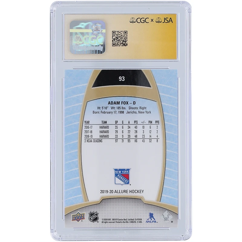 Carte de recrue 9/10 autographiée par Adam Fox des Rangers de New York, Upper Deck Allure #93, CGC Fanatics, 2019-20