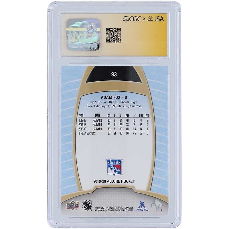 Carte recrue autographiée 2019-20 Upper Deck Allure #93 des New York Rangers par Adam Fox, carte authentifiée 9,5/10, vue par des fanatiques de la CGC