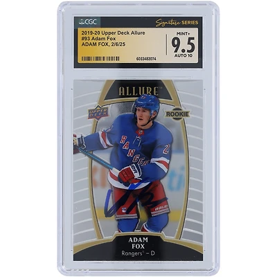 Carte recrue autographiée 2019-20 Upper Deck Allure #93 des New York Rangers par Adam Fox, carte authentifiée 9,5/10, vue par des fanatiques de la CGC
