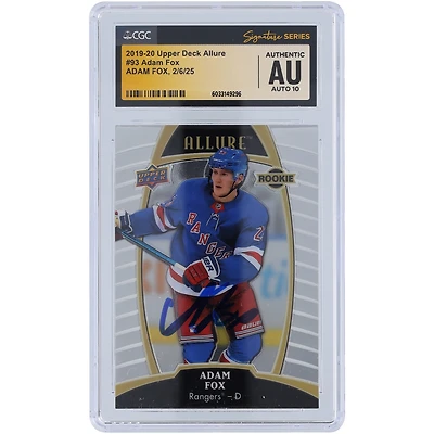 Carte de recrue autographiée 2019-20 Upper Deck Allure #93 des New York Rangers par Adam Fox, fanatiques de CGC, authentifiée et témoin de la carte Auto 10