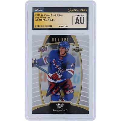 Carte de recrue authentifiée 2019-20 Upper Deck Allure #93 autographiée par Adam Fox des Rangers de New York, présentée par des fanatiques de CGC