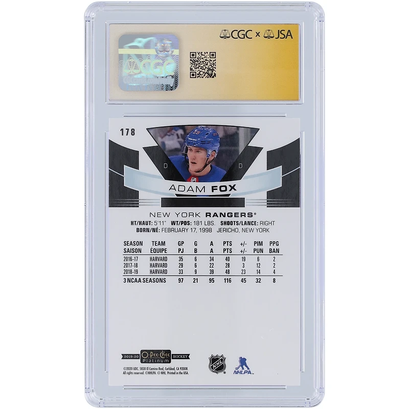Adam Fox New York Rangers Autographié 2019-20 Upper Deck O-Pee-Chee Platinum #178 CGC Fanatics Witnessed Authenticated 9/10 Rookie Card