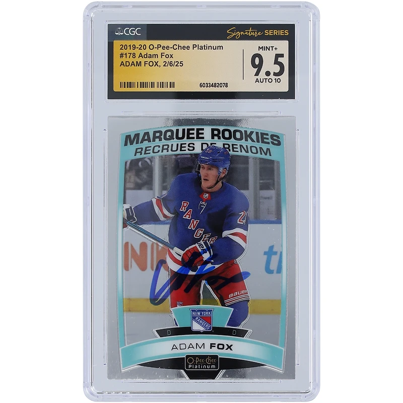 Carte recrue 9,5/10 autographiée par Adam Fox des Rangers de New York, Upper Deck O-Pee-Chee Platinum #178, CGC Fanatics Witnessed, authentifiée