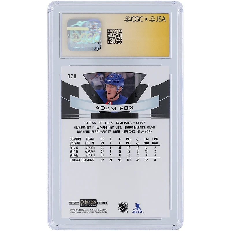 Carte recrue 9,5/10 autographiée par Adam Fox des Rangers de New York, Upper Deck O-Pee-Chee Platinum #178, CGC Fanatics Witnessed, authentifiée