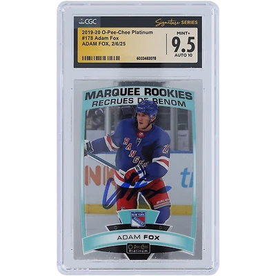 Carte recrue 9,5/10 autographiée par Adam Fox des Rangers de New York, Upper Deck O-Pee-Chee Platinum #178, CGC Fanatics Witnessed, authentifiée