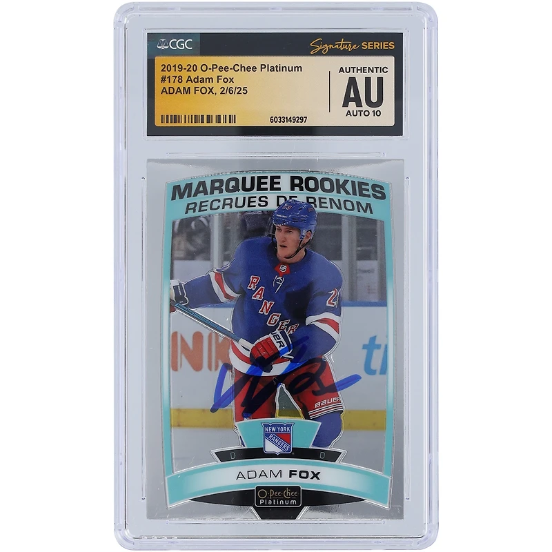 Adam Fox New York Rangers Autographié 2019-20 Upper Deck O-Pee-Chee Platinum #178 CGC Fanatics Witnessed Authenticated Auto 10 Rookie Card