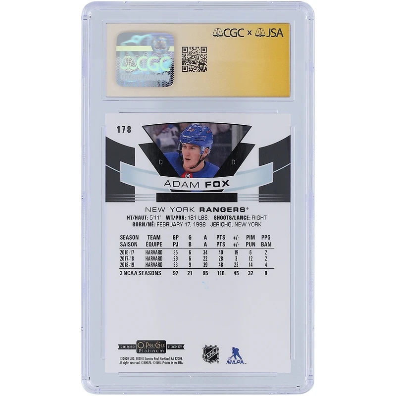 Carte de recrue authentifiée signée Adam Fox des Rangers de New York 2019-20 Upper Deck O-Pee-Chee Platinum #178 CGC Fanatics