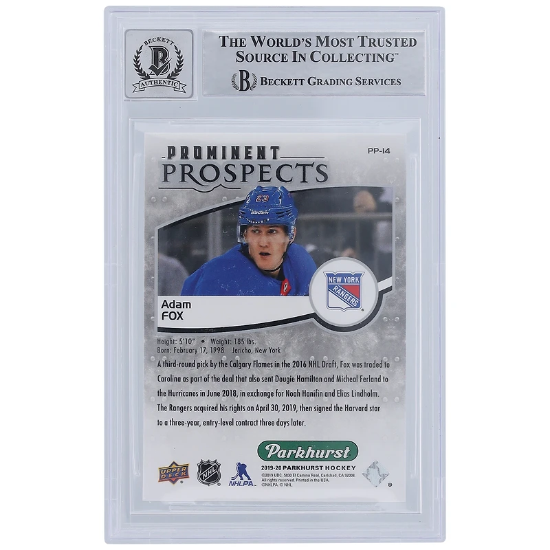 Carte de recrue numéro 10 autographiée par Adam Fox des Rangers de New York 2019-20 Upper Deck Parkhurst Prominent Prospects #PP-14 Beckett Fanatics Witnessed Authenticated