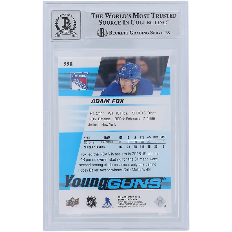 Adam Fox New York Rangers Autographed 2019-20 Upper Deck Series 1 Young Guns #228 Beckett Fanatics Witnessed Authenticated 9/10 Rookie Card