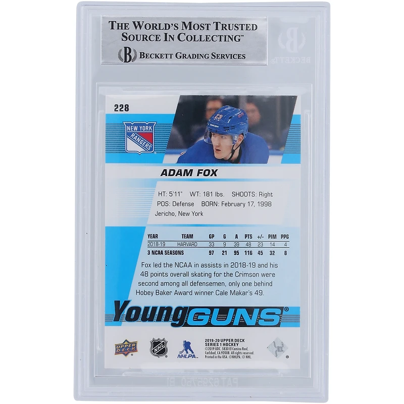 Adam Fox New York Rangers Autographed 2019-20 Upper Deck Series 1 Young Guns #228 Beckett Fanatics Witnessed Authenticated Rookie Card