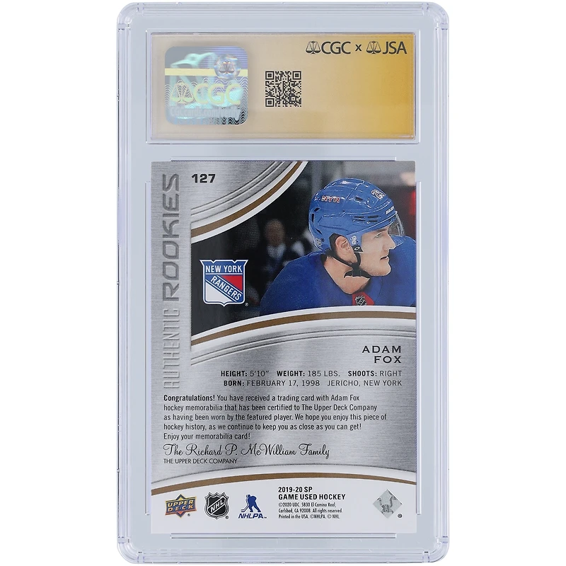 Adam Fox New York Rangers Autographié 2019-20 Upper Deck SP Game Used Gold Jersey Relic #127 #/599 CGC Fanatics Witnessed Authenticated /10 Rookie Card