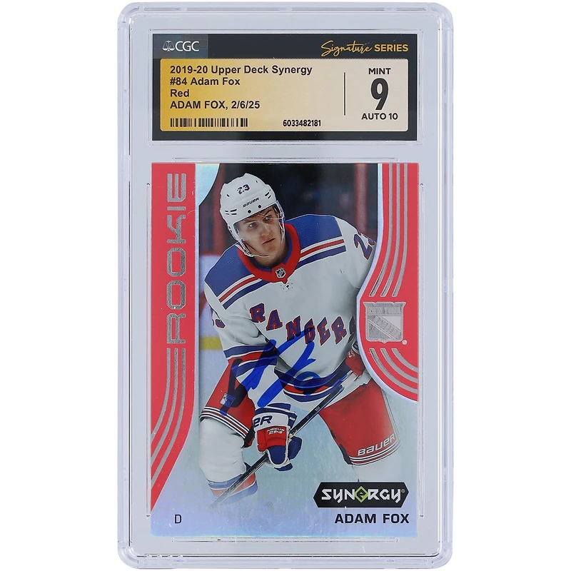 Carte de recrue 9/10 autographiée par Adam Fox des Rangers de New York 2019-20 Upper Deck Synergy Red #84 CGC Fanatics Witnessed Authenticated