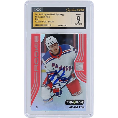 Carte de recrue 9/10 autographiée par Adam Fox des Rangers de New York 2019-20 Upper Deck Synergy Red #84 CGC Fanatics Witnessed Authenticated