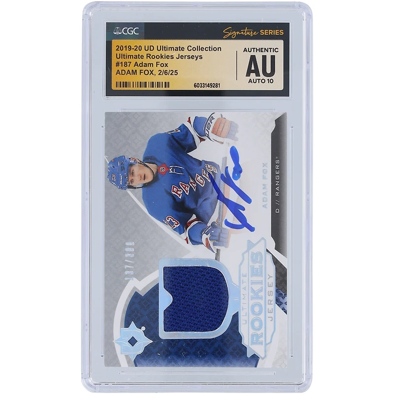 Adam Fox New York Rangers Autographié 2019-20 Upper Deck Ultimate Collection Ultimate Rookie Jersey Relic #187 #/399 CGC Fanatics Witnessed Authenticated Auto 10 Rookie Card