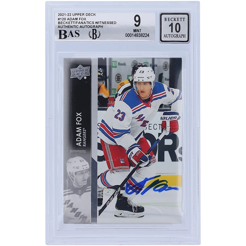 Carte autographiée d'Adam Fox (New York Rangers), série Upper Deck 1, numéro 120, saison 2021-2022, certifiée Beckett par Fanatics Witnessed (note : 9/10 - Sous-notes : 9,5/9/9/9,5)