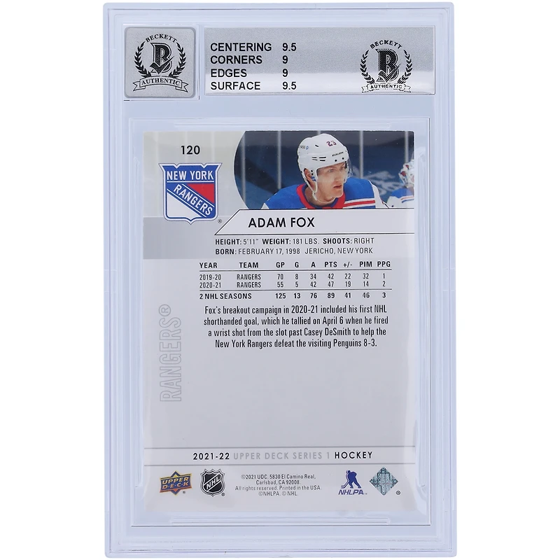 Carte autographiée 9/10 authentifiée 2021-22 Upper Deck Series 1 #120 Beckett Fanatics Witnessed New York Rangers - Sous-grades 9,5/9/9/9,5