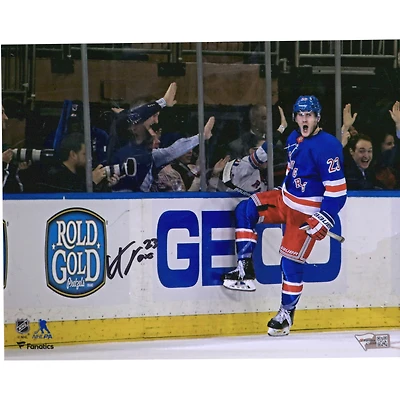 Adam Fox New York Rangers Photographie dédicacée de célébration de but en maillot bleu 8" x 10"