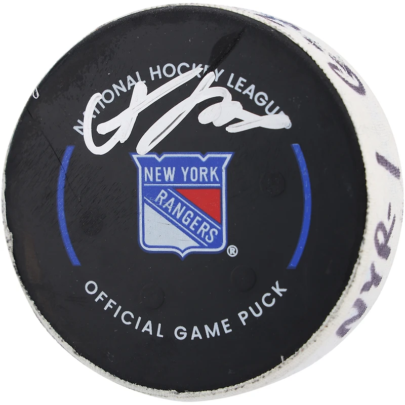 Adam Fox New York Rangers Autographed Game-Used Goal Puck from October 19, 2023 vs. Nashville Predators