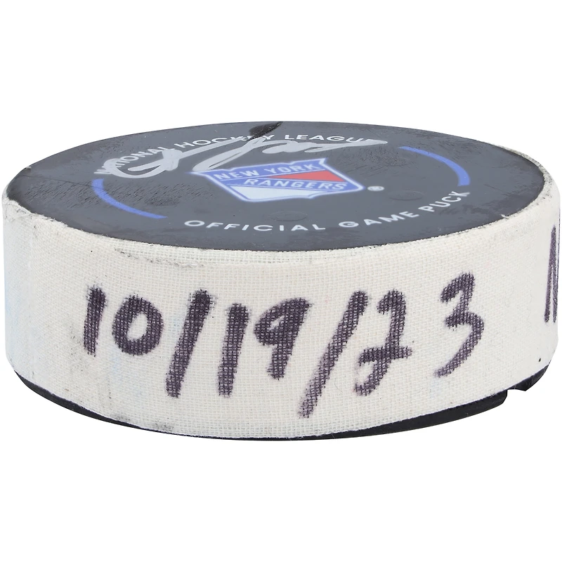 Adam Fox New York Rangers Autographed Game-Used Goal Puck from October 19, 2023 vs. Nashville Predators