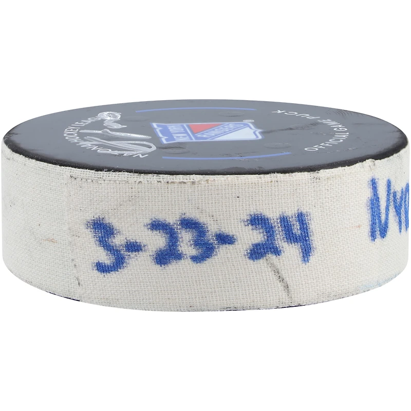 Adam Fox New York Rangers Autographed Game-Used Goal Puck with Inscriptions from Game vs. Florida Panthers on March 23, 2024