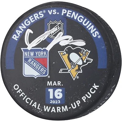 Adam Fox New York Rangers Autographed Practice-Used Puck Used During Warmups vs. Pittsburgh Penguins on March 16, 2023
