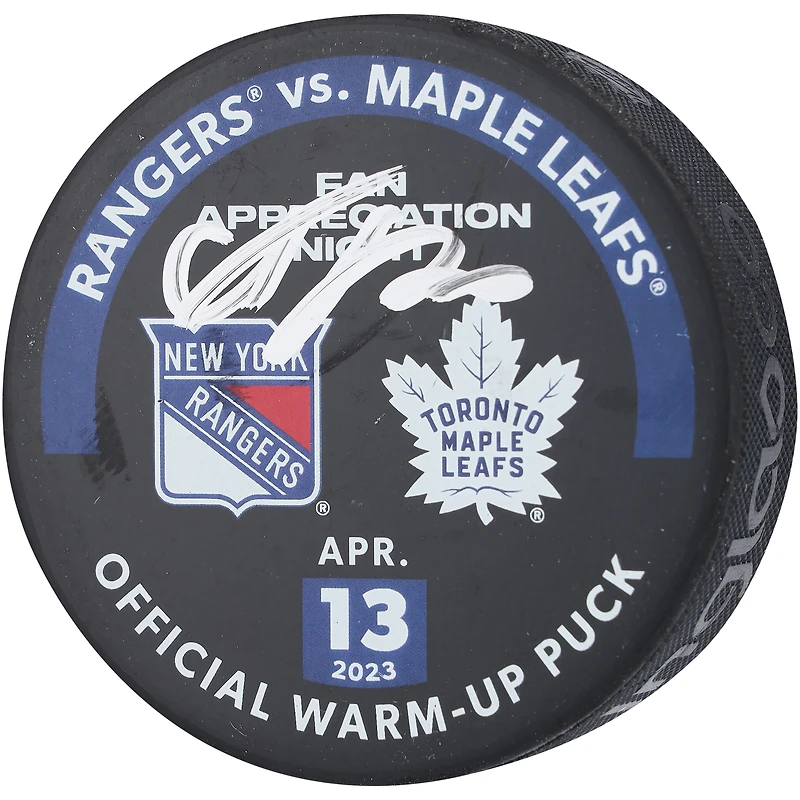 Adam Fox New York Rangers Autographed Practice-Used Puck Used During Warmups vs. Toronto Maple Leafs on April 13, 2023
