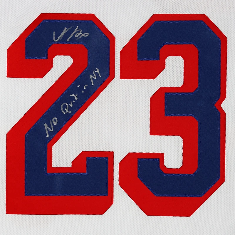 Maillot adidas authentique blanc autographié par Adam Fox des New York Rangers avec inscription « No Quit in NY »