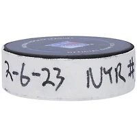 Rondelle de but utilisée par Alexis Lafreniere des Rangers de New York lors du match du 6 février 2023 contre les Flames de Calgary