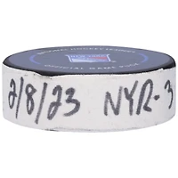 Alexis Lafreniere New York Rangers Game-Used Goal Puck from February 8, 2023 vs. Vancouver Canucks